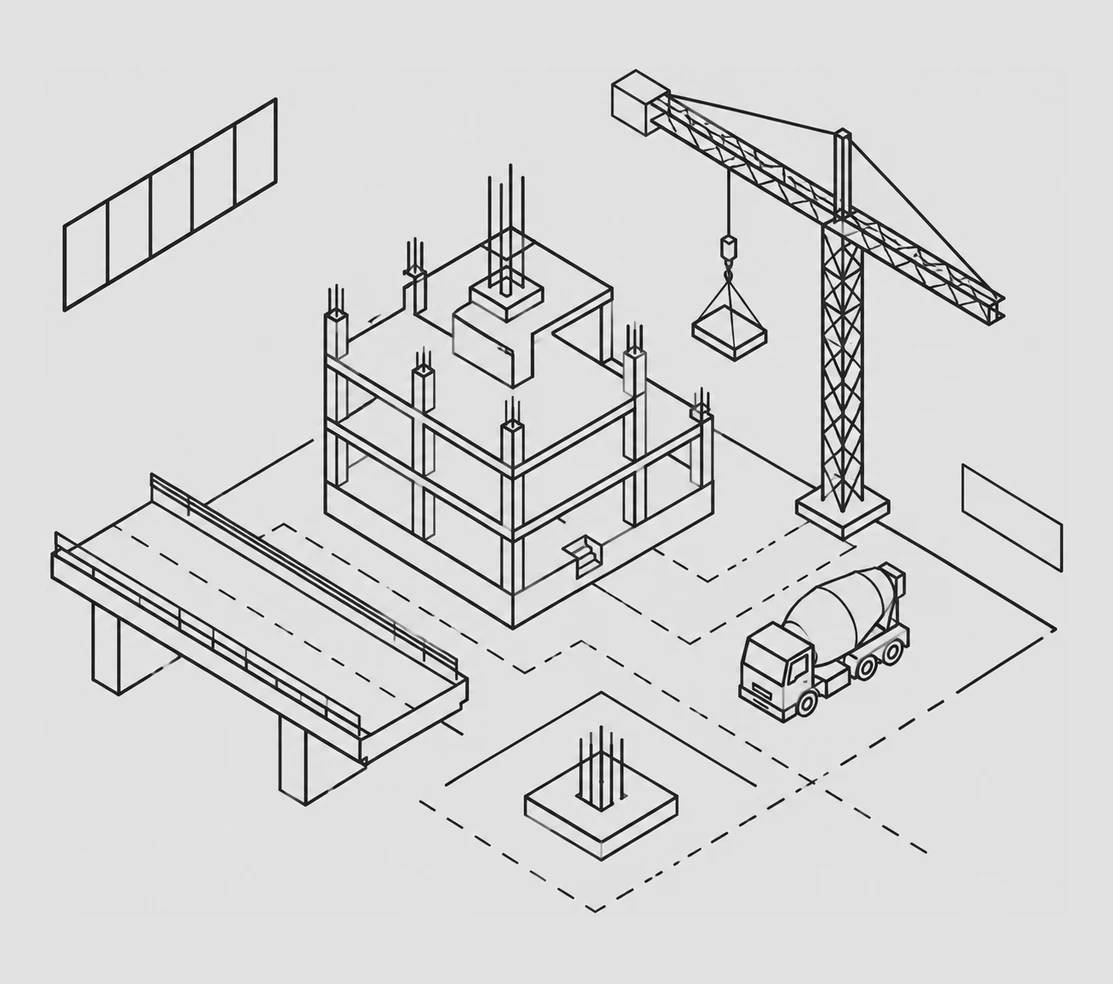 Isometric line drawing of an industrial building under construction: RCC frame, tower crane, concrete mixer and foundation pad.