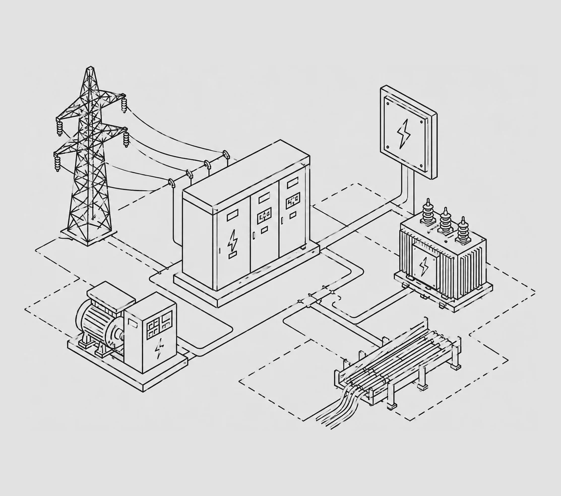 Isometric line drawing of a substation with transmission tower, LT panel, transformer, generator and cable trays.