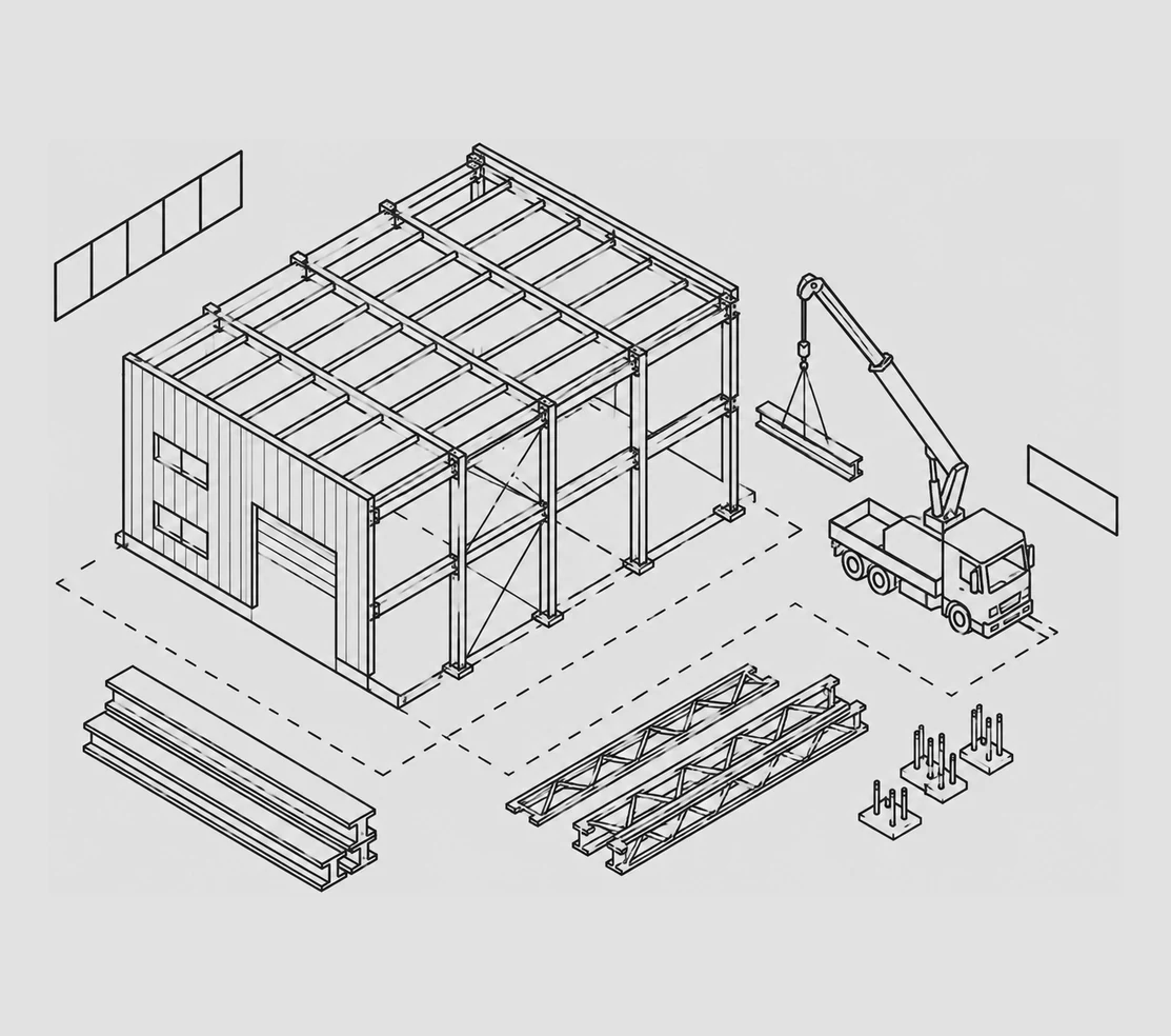 Isometric line drawing of a pre-engineered steel building alongside fabricated beams, trusses and a mobile crane.