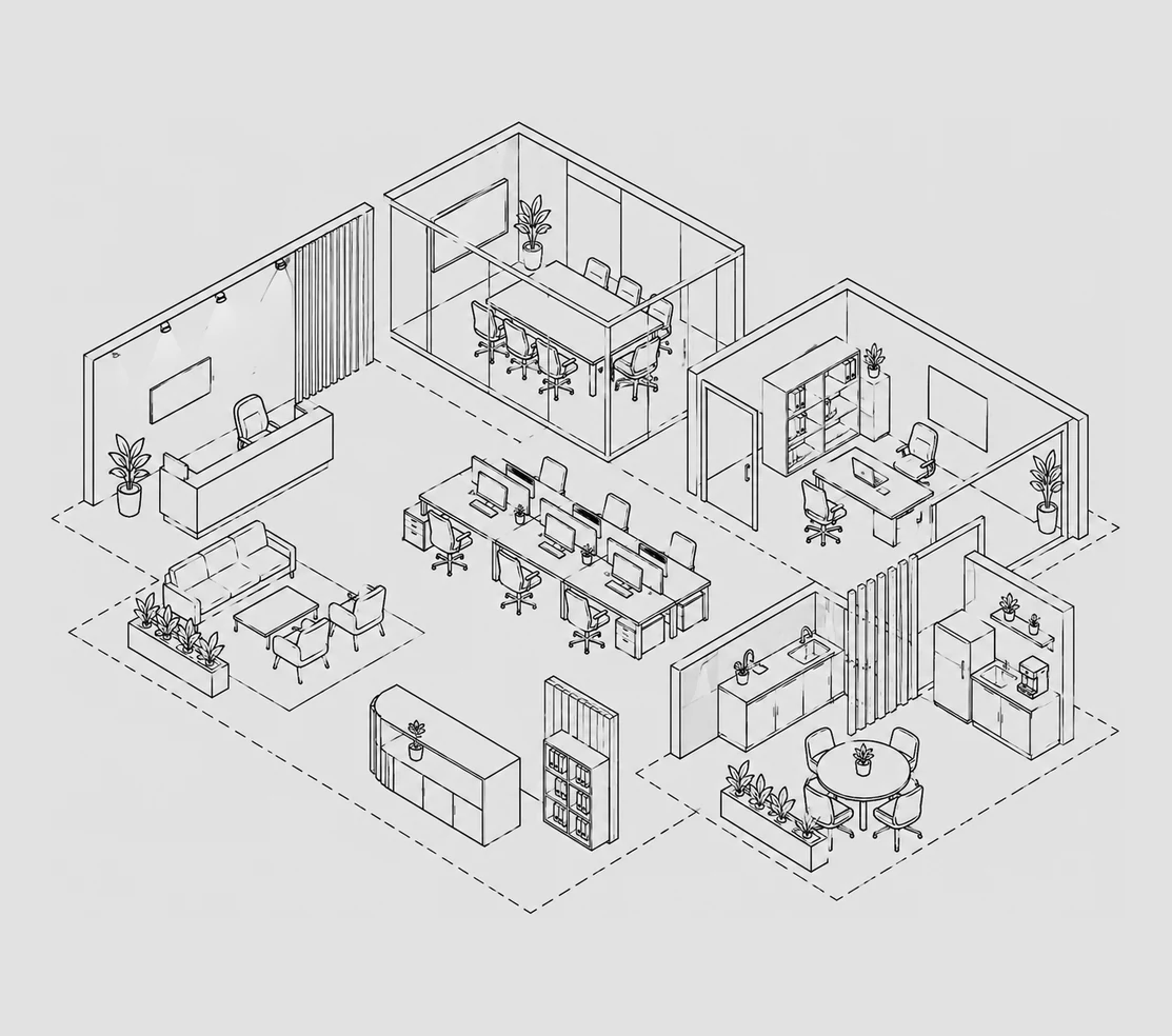 Isometric line drawing of a fitted-out commercial interior with partitions, ceilings, workstations and meeting rooms.