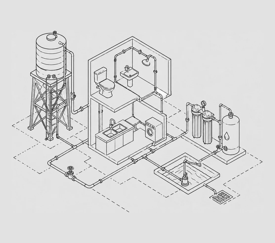 Isometric line drawing of a plumbing installation with overhead tank, washroom fittings, pump set and filtration.